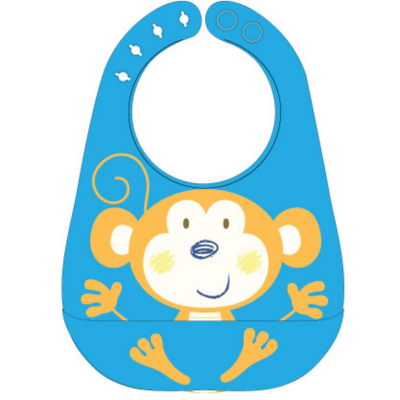 Colorful printed Monkey shape fancy baby bibs,baby bibs with snaps,silicone bibs with crumb catcher